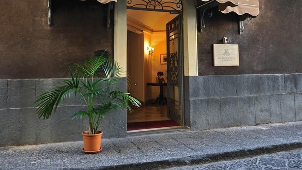The exterior of the Manganeli Palace Hotel with a potted plant in front. - Hotel Manganelli Palace (Catania)