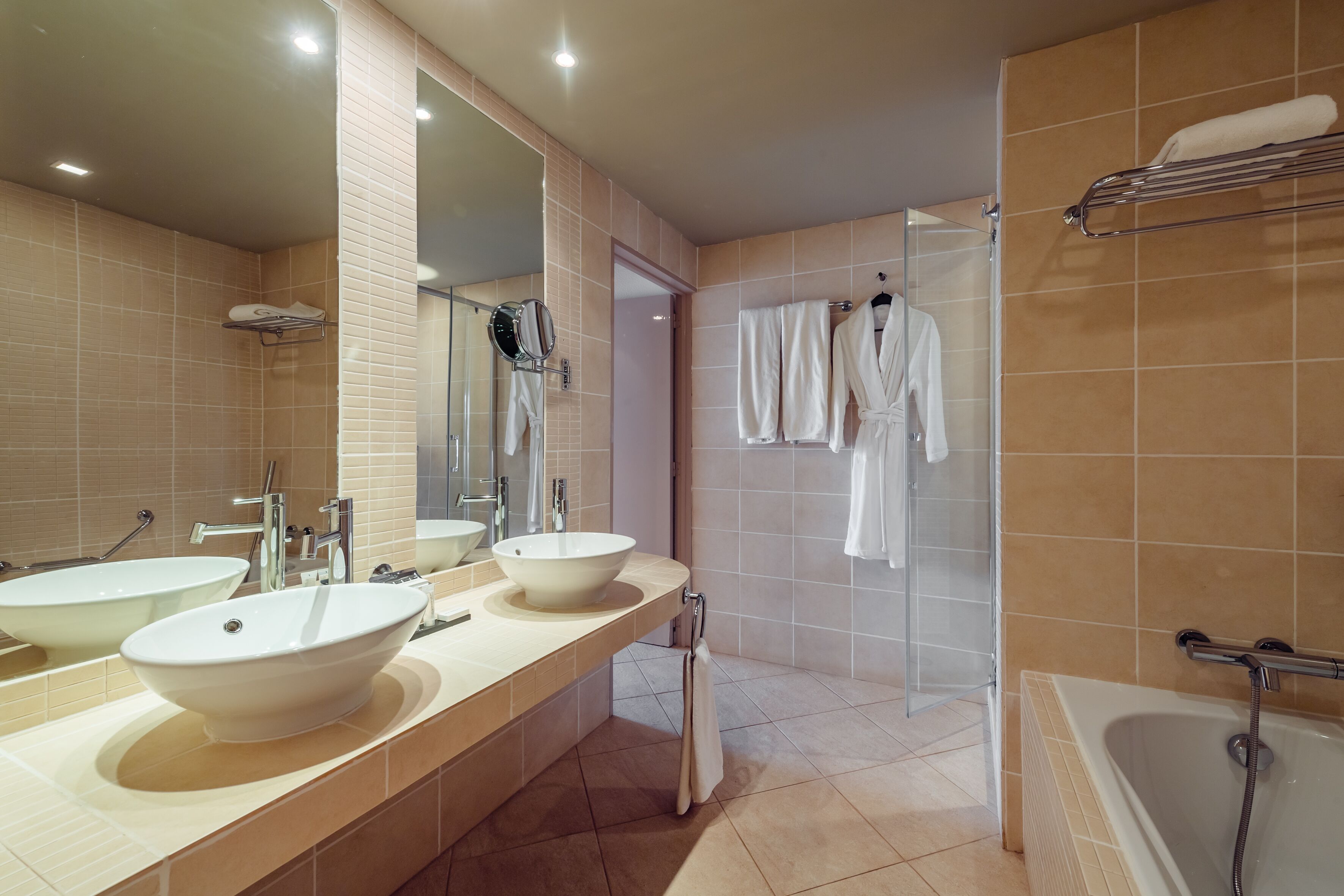 duplex | bathroom | separate bathtub and shower, free toiletries, hair dryer, towels