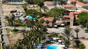 An aerial view of a resort with a long swimming pool, palm trees, and a beach.