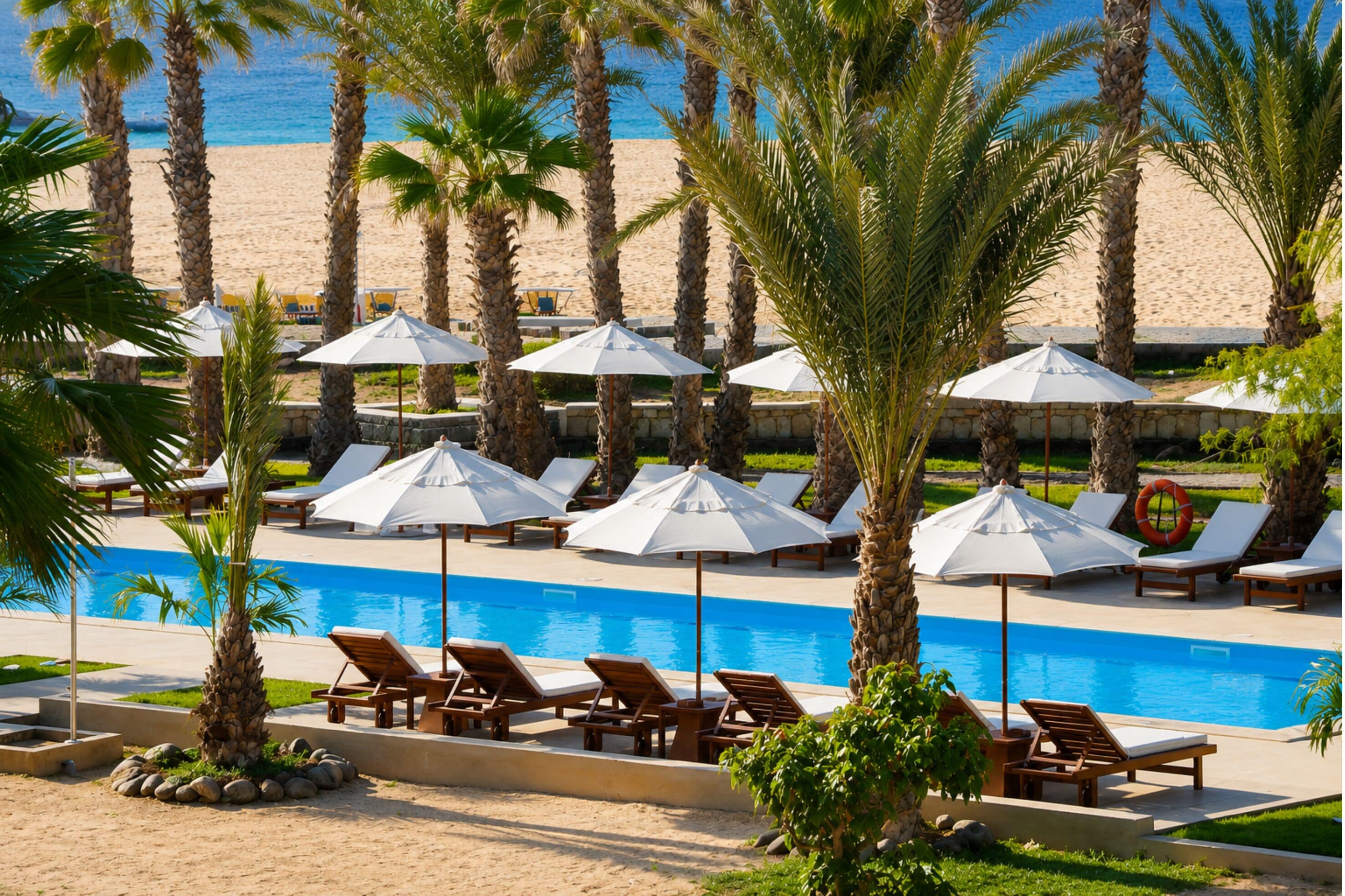 3 piscines extérieures, parasols, chaises longues
