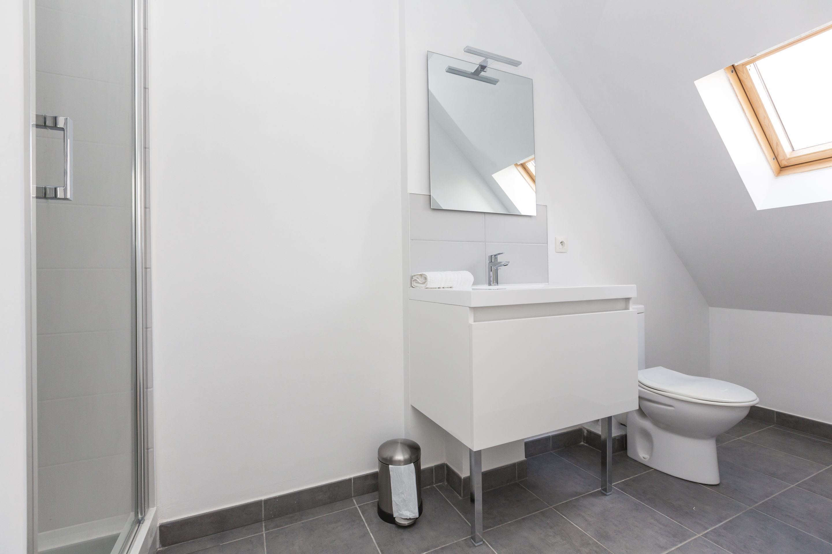 Une salle de bain moderne équipée d’une douche, de toilettes et d’un lavabo.