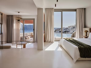 Draps en coton égyptien, lit avec matelas Tempur-Pedic, minibar
