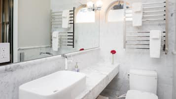 Rainfall showerhead, eco-friendly toiletries, hair dryer