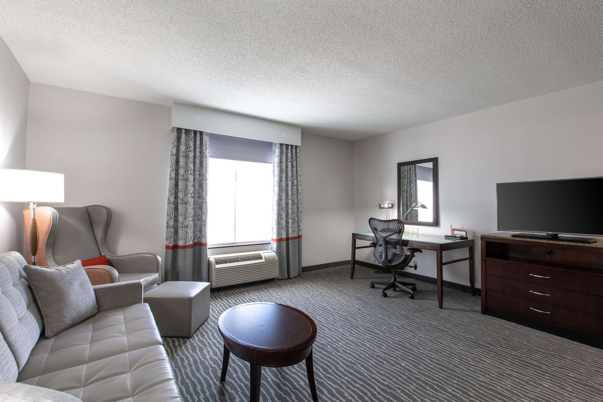 A hotel room with a sofa, a desk, a chair, a television, and a window with curtains.
