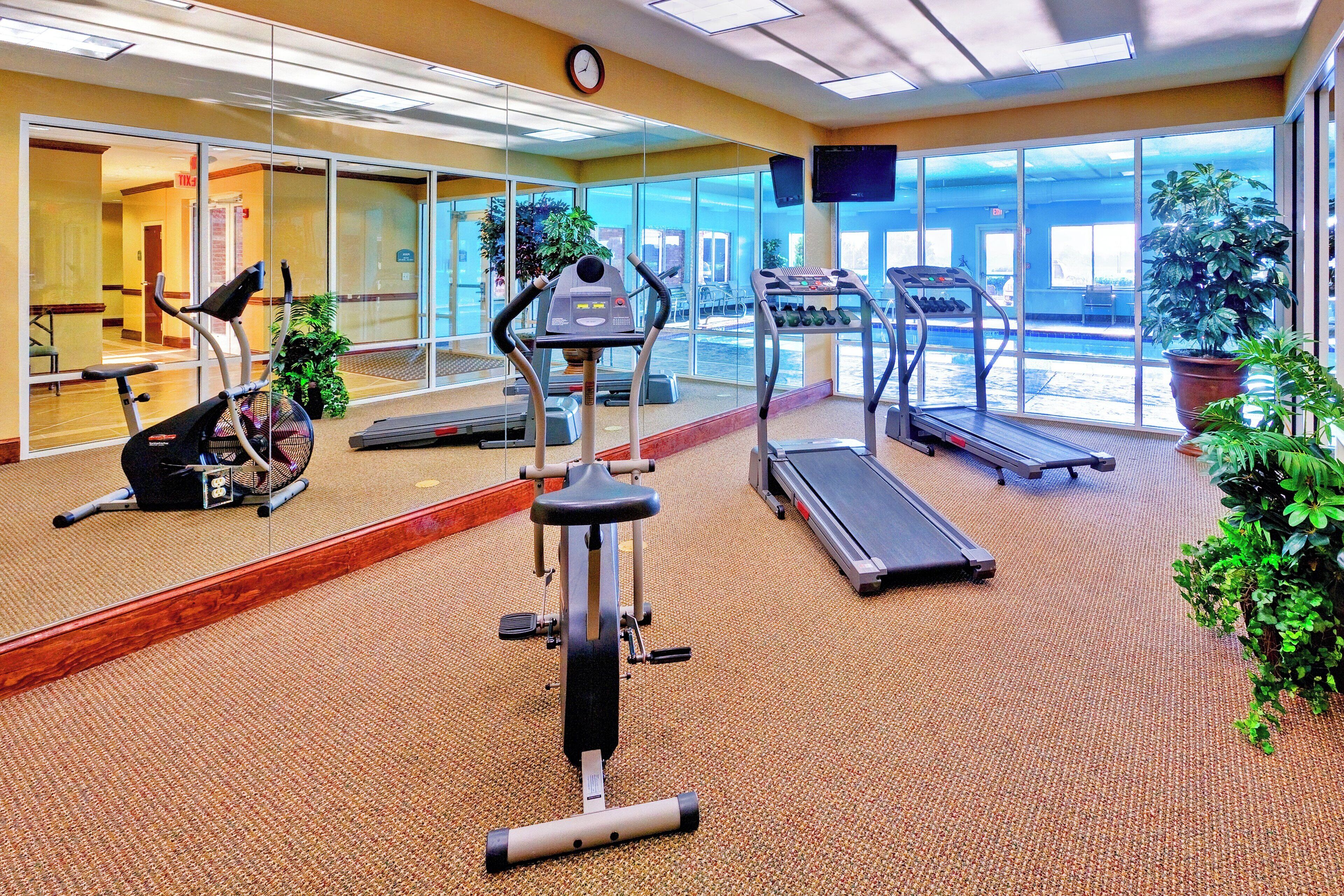 Une salle de sport équipée de machines de cardio, dotée d’un mur avec des miroirs et offrant une vue sur une piscine.