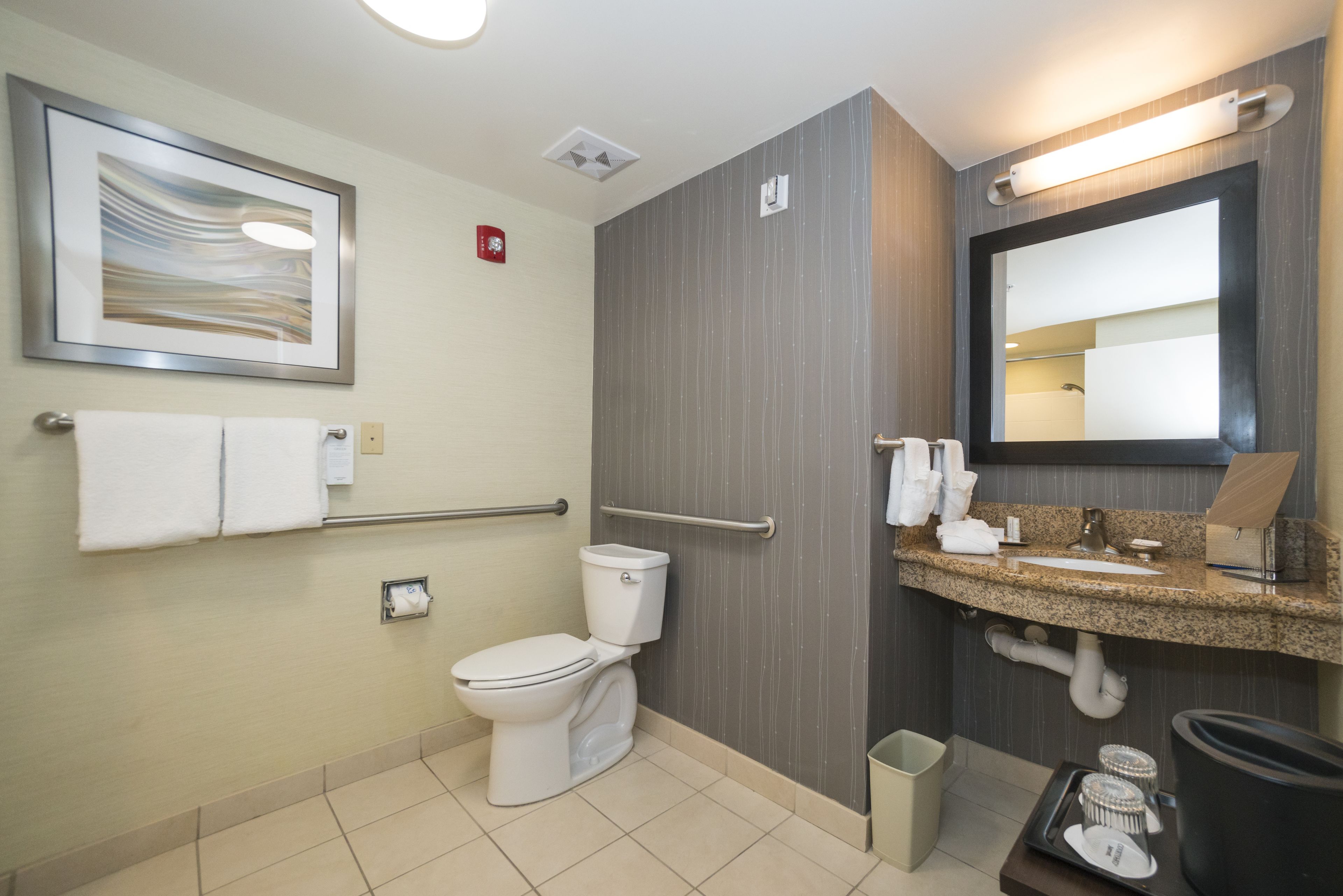 combined shower/bathtub, free toiletries, hair dryer, towels