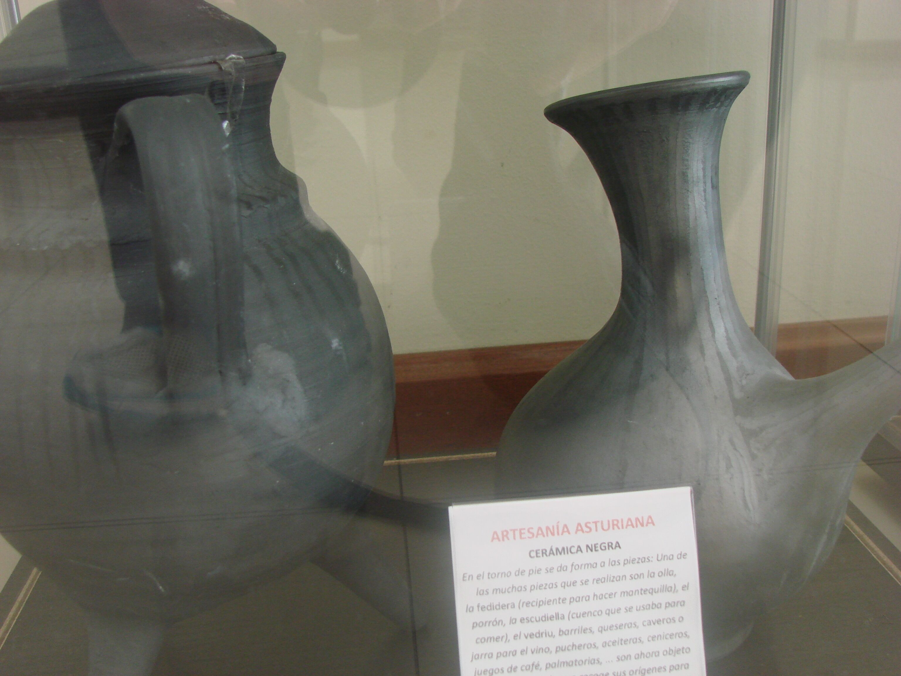Two ceramic vases displayed in a museum setting, with a descriptive label in front.
