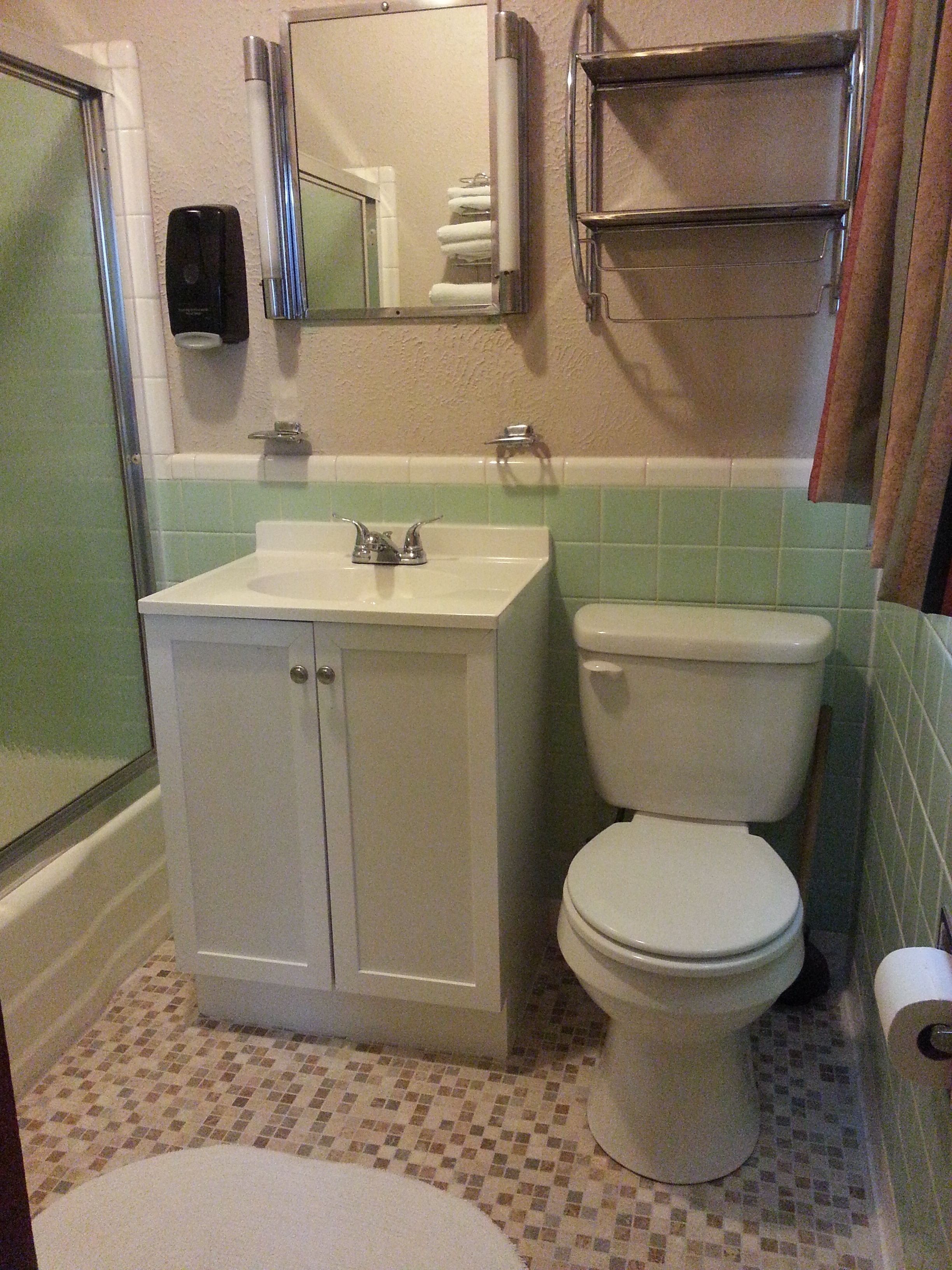 Un bagno con lavandino bianco, un WC e zona doccia.
