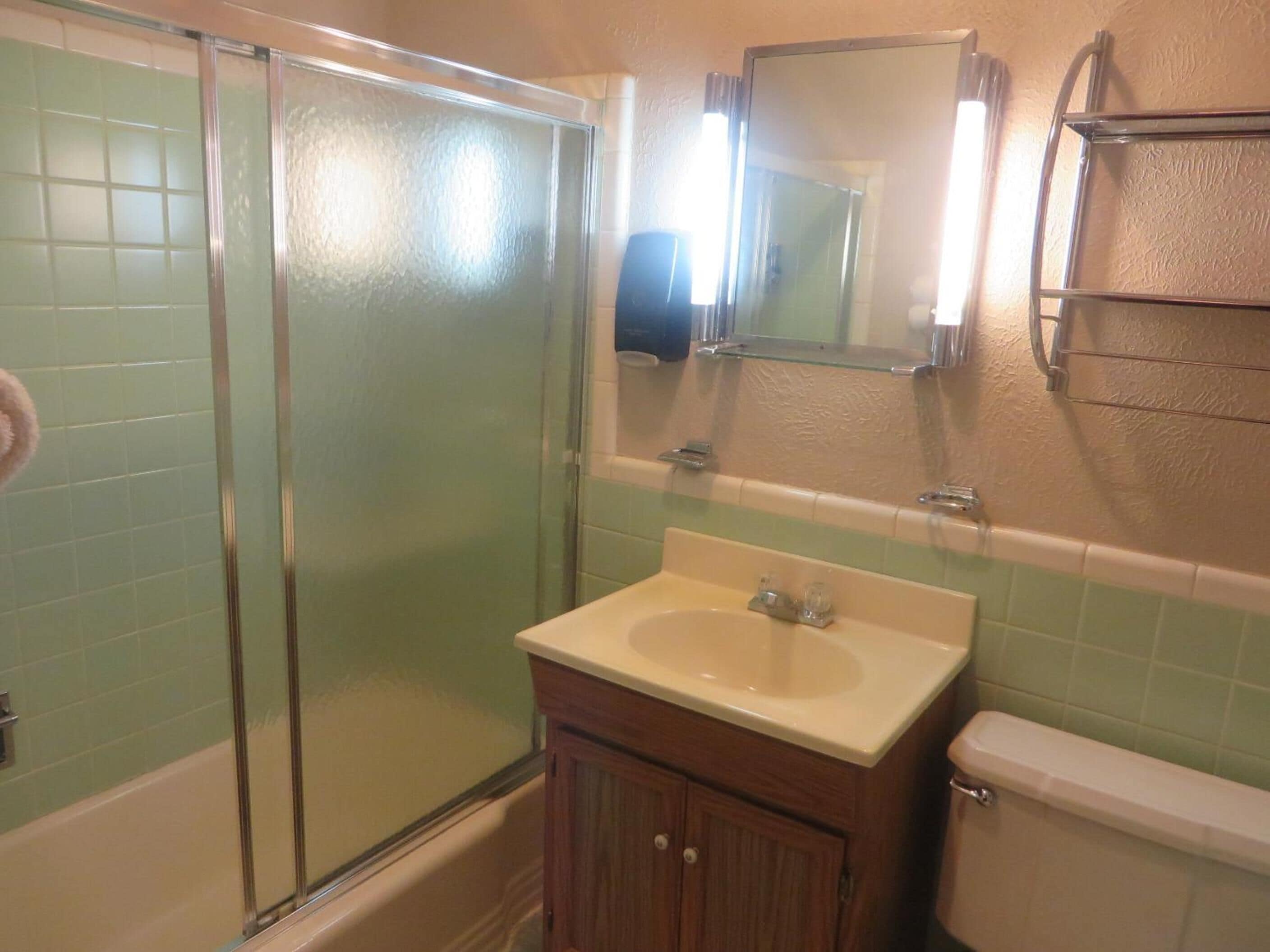 A bathroom with a glass shower enclosure, a sink with a mirror above it, and a toilet.