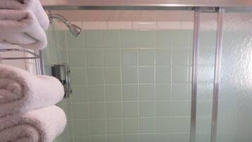Shower, free toiletries, hair dryer, towels