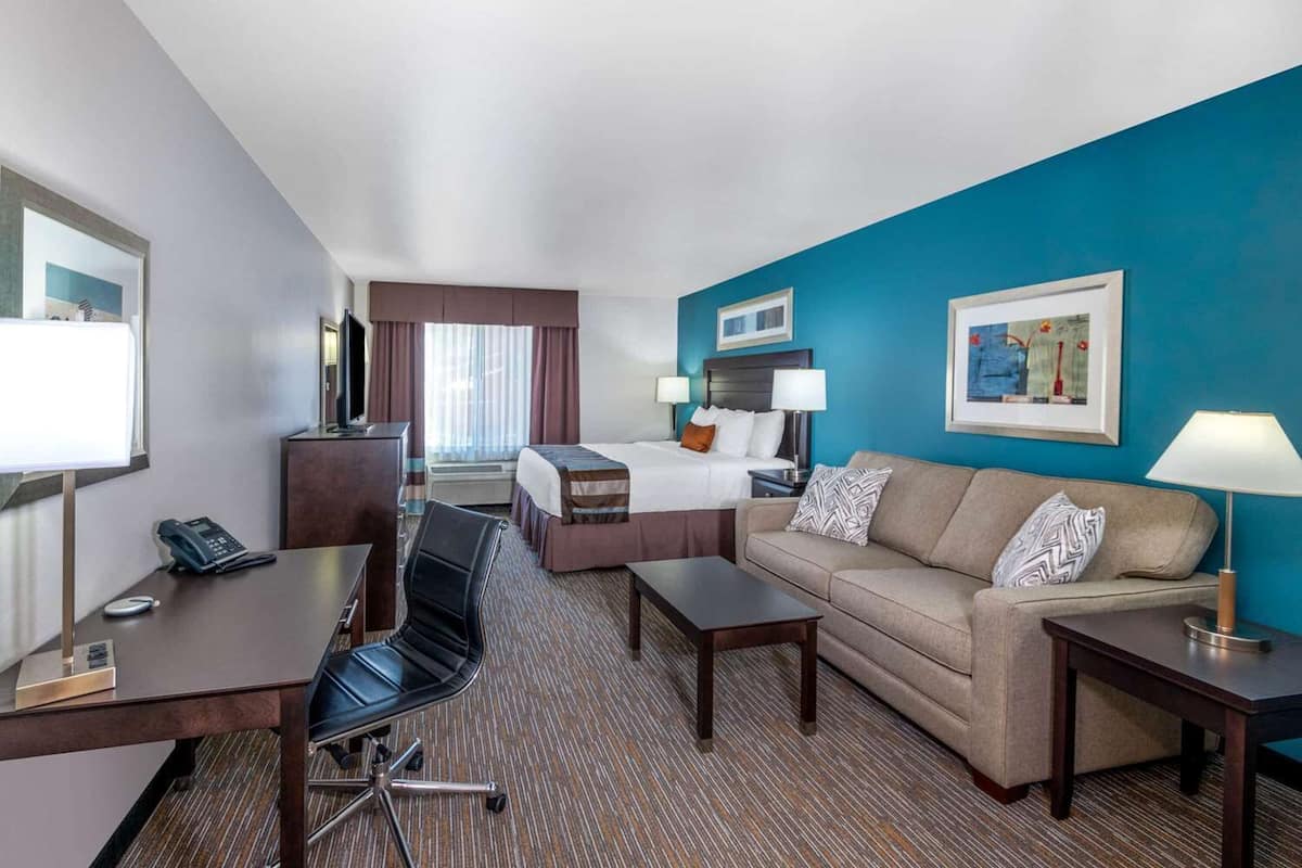 A hotel room with a bed, a sofa, a desk with a chair, a TV, and a phone.