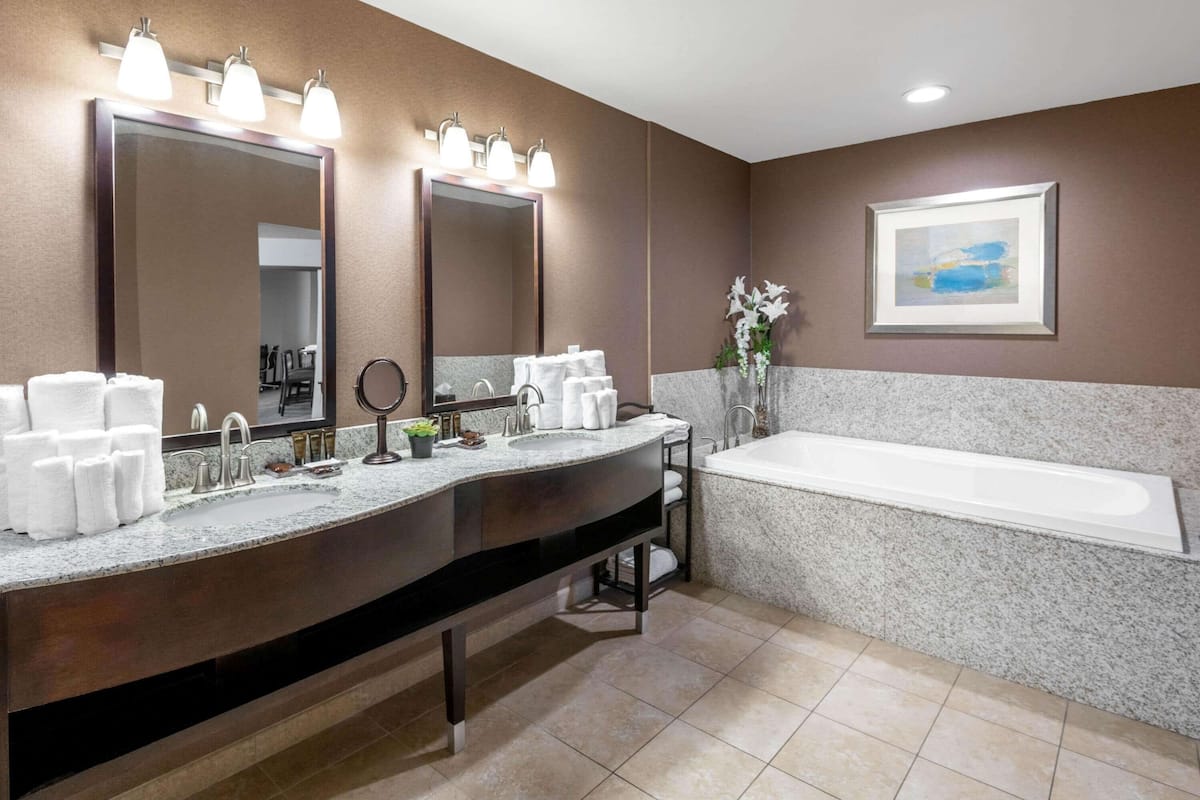A modern bathroom with a double sink vanity, a large mirror, and a standalone bathtub.