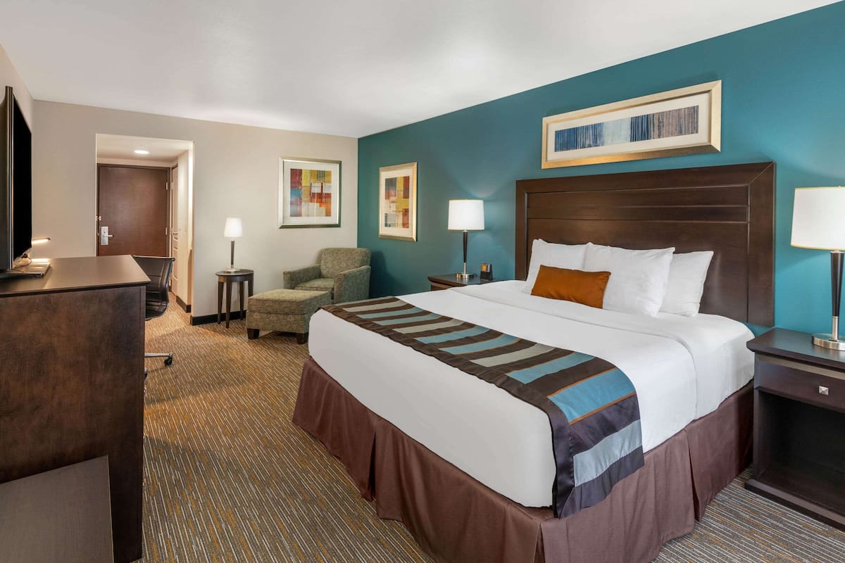 A hotel room with a large bed, a desk, a chair, and a TV.