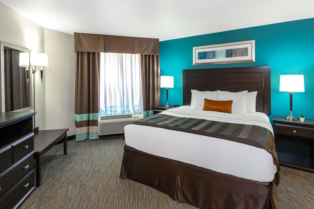 A hotel room with a large bed, a desk, a chair, a TV, a window with curtains, and a picture on the wall.