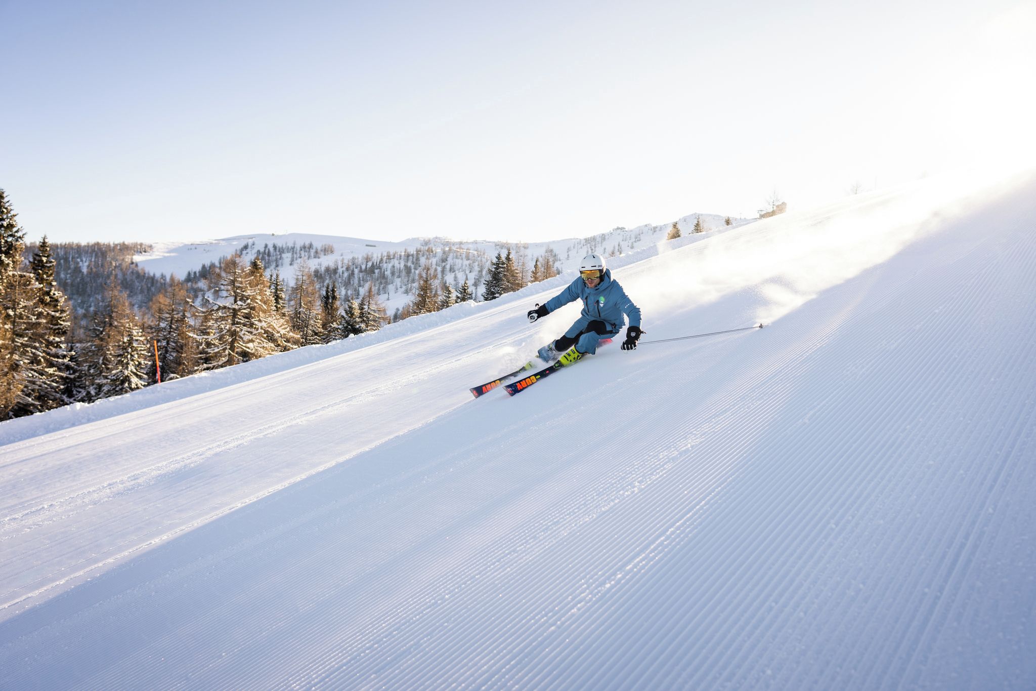 A skier on a snowy slope with trees and mountains in the background.
