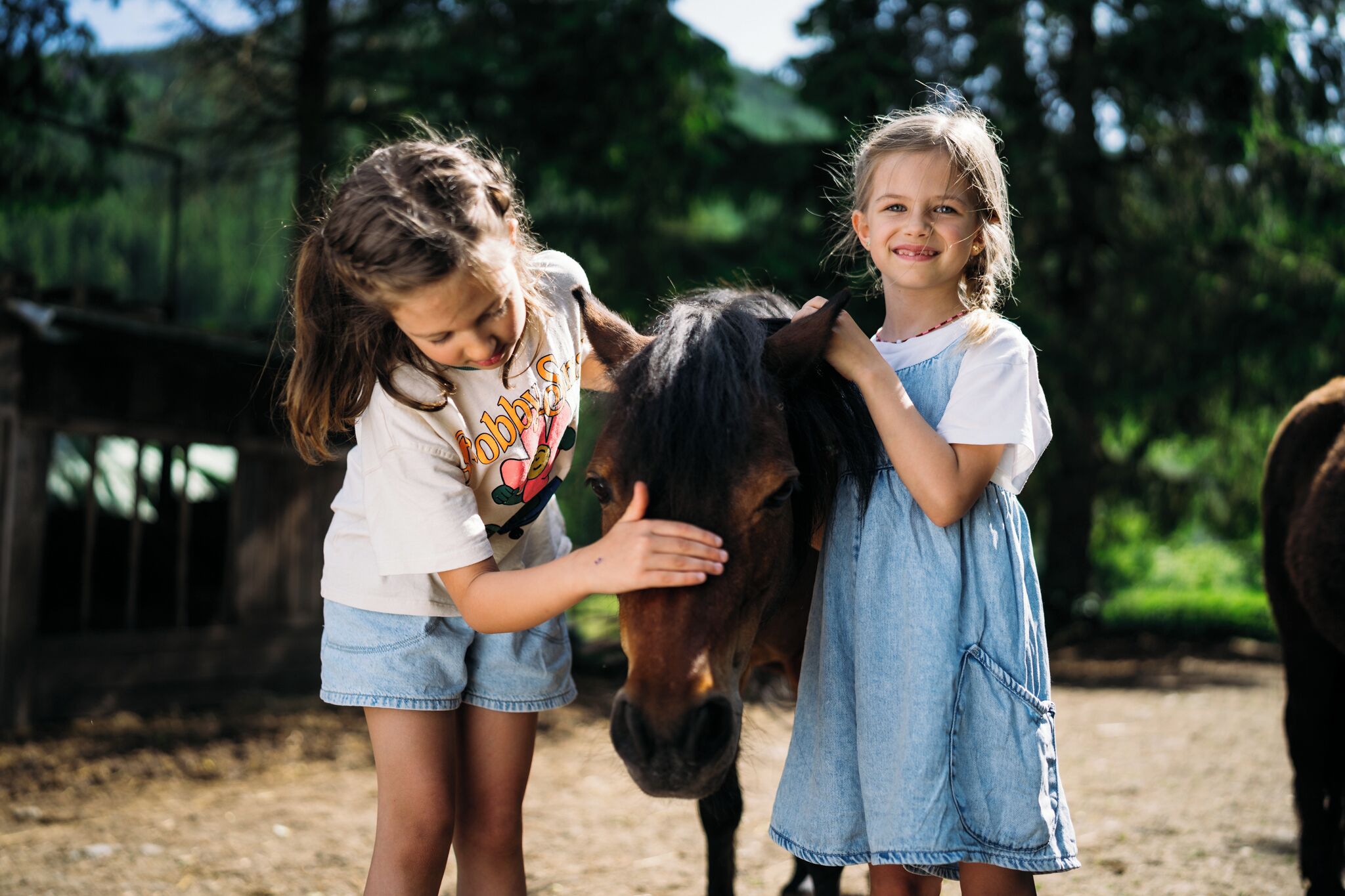 Two children petting a horse in an outdoor setting with trees in the background.