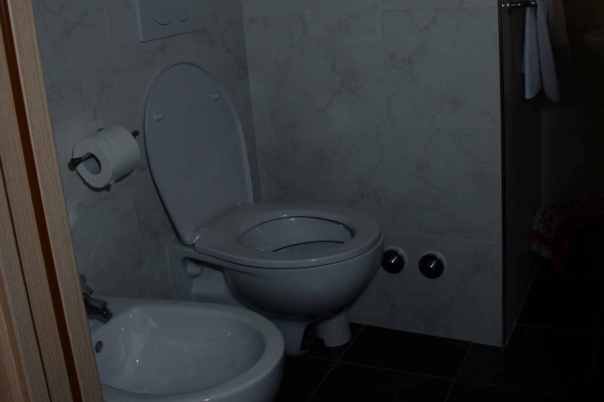 A bathroom with a toilet, bidet, and a towel rack.