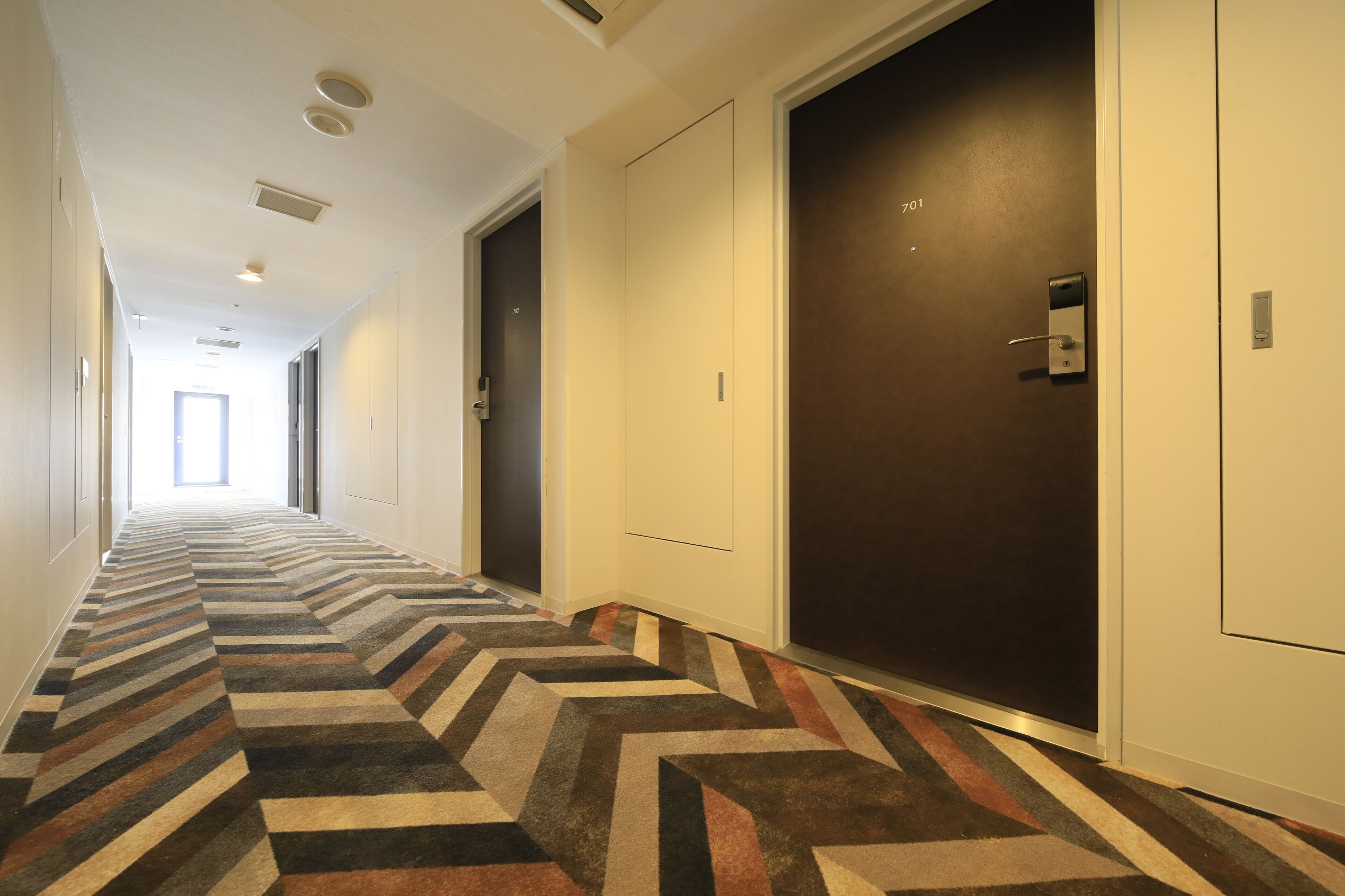 Passadís d'hotel amb una catifes amb dibuixos, portes fosques i una paret de color clar.