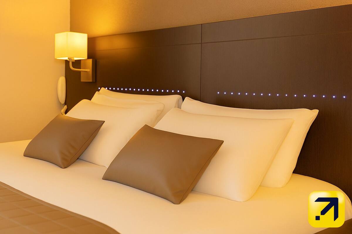 A bed with white and brown pillows, a wall-mounted lamp, and LED lights on the headboard.