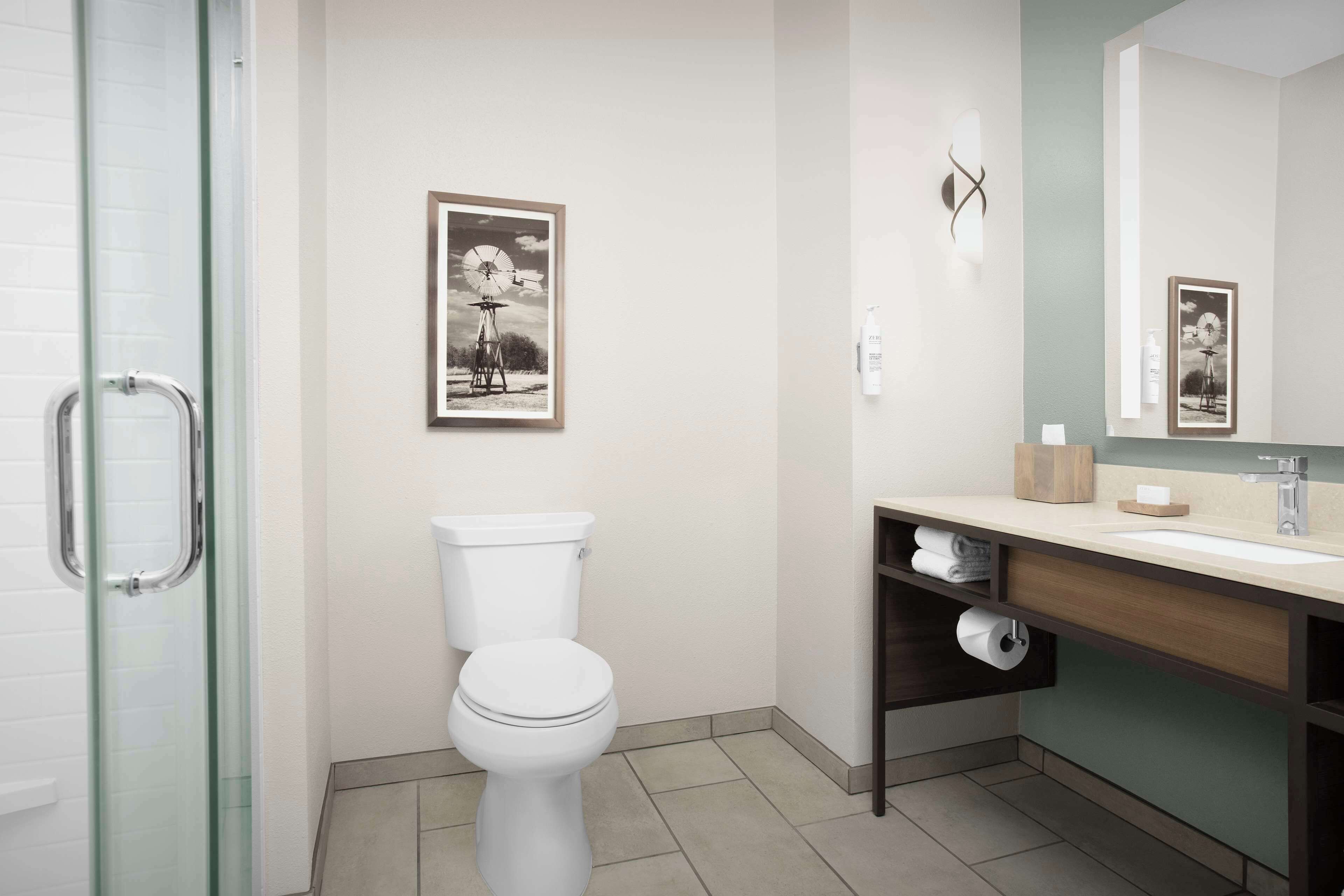 combined shower/bathtub, designer toiletries, hair dryer, towels