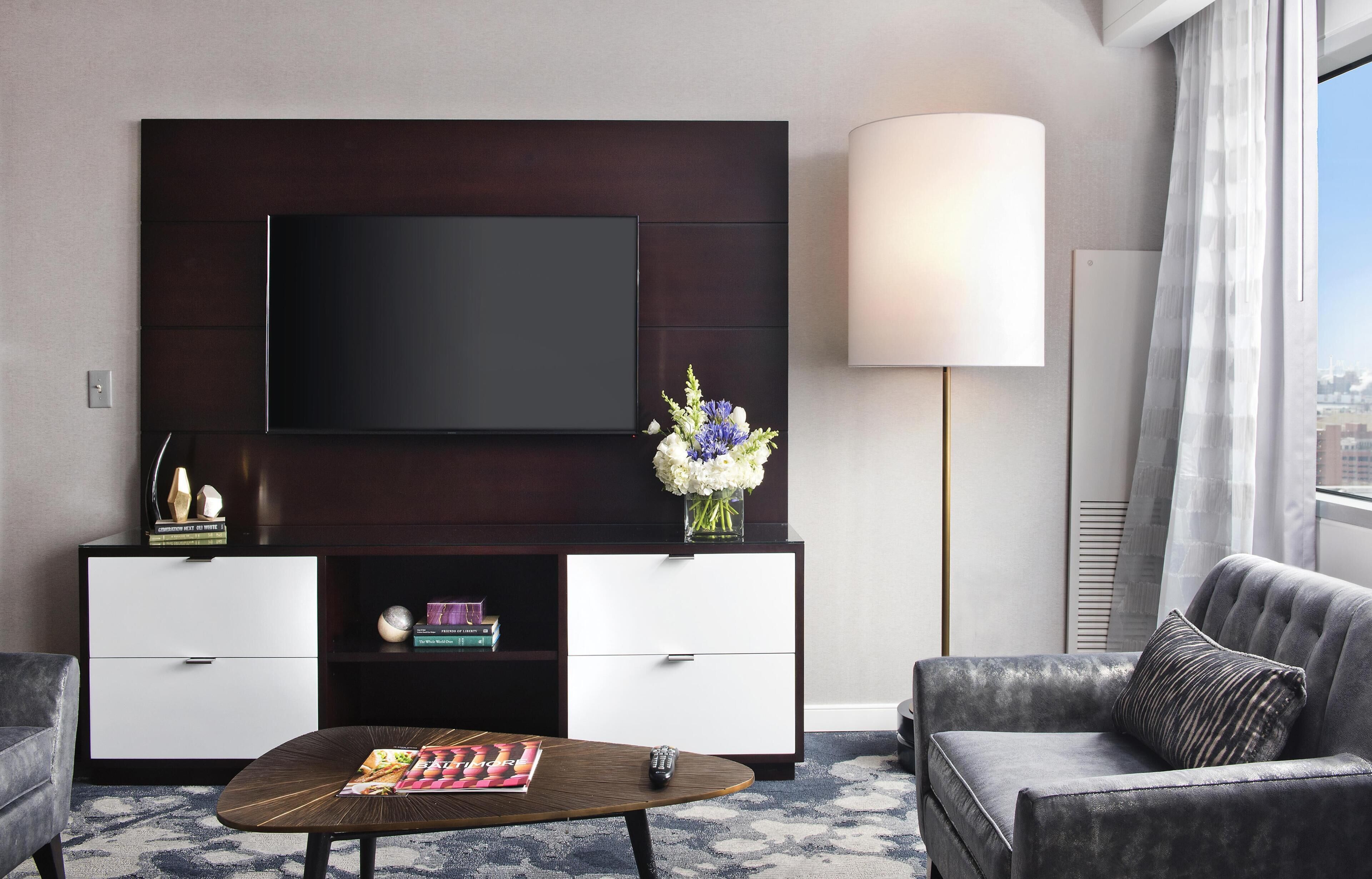 Room, 1 King Bed (Ballpark View) | Living area | 50-inch LED TV with premium channels, TV, iPod dock