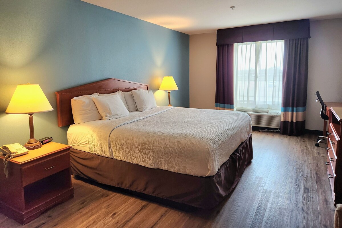 Habitació d'hotel amb un llit, làmpades de nit, una taula de nit, escriptori i finestra amb cortines.