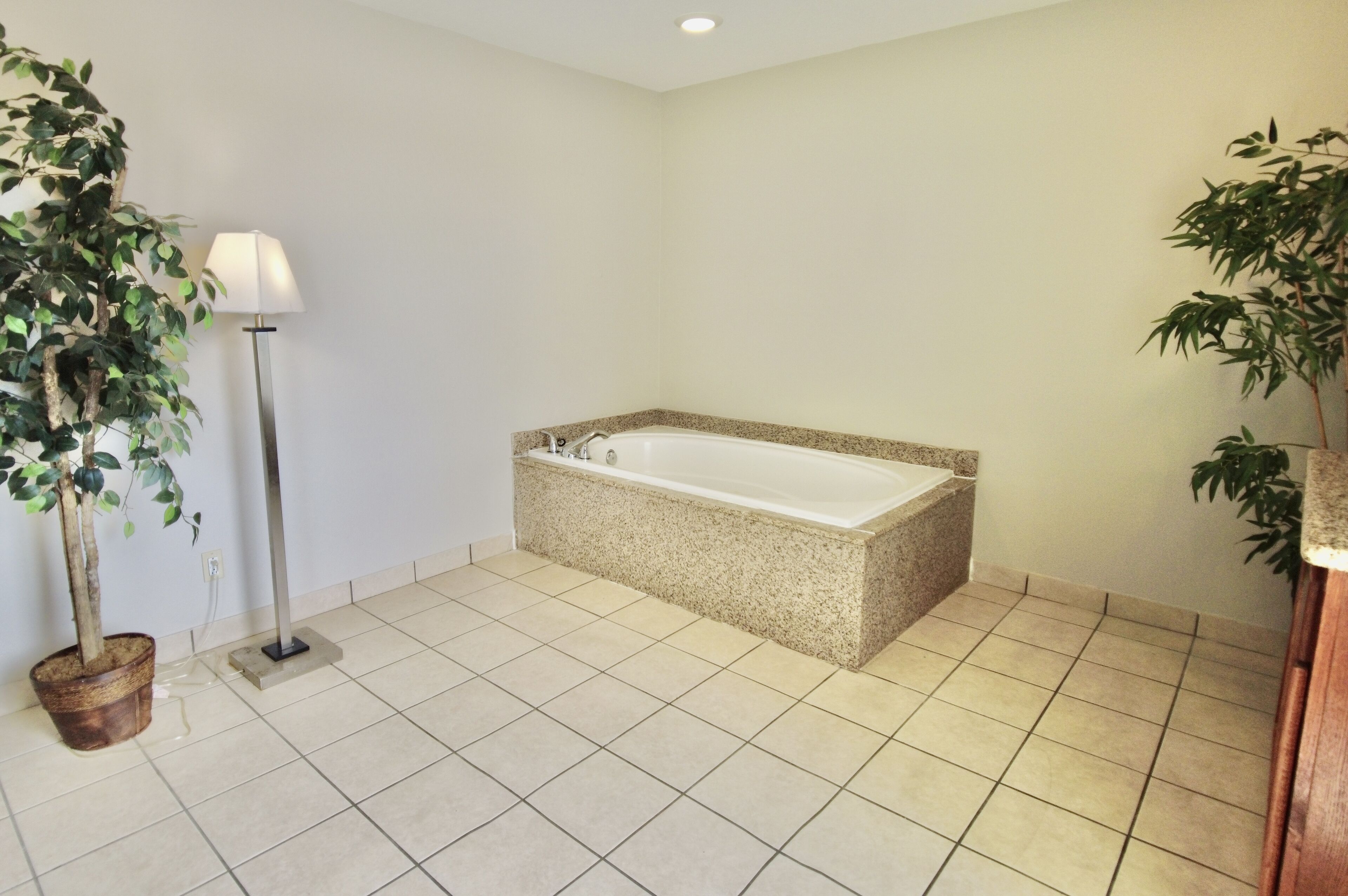 A bathroom with a bathtub, tiled floor, and two potted plants.