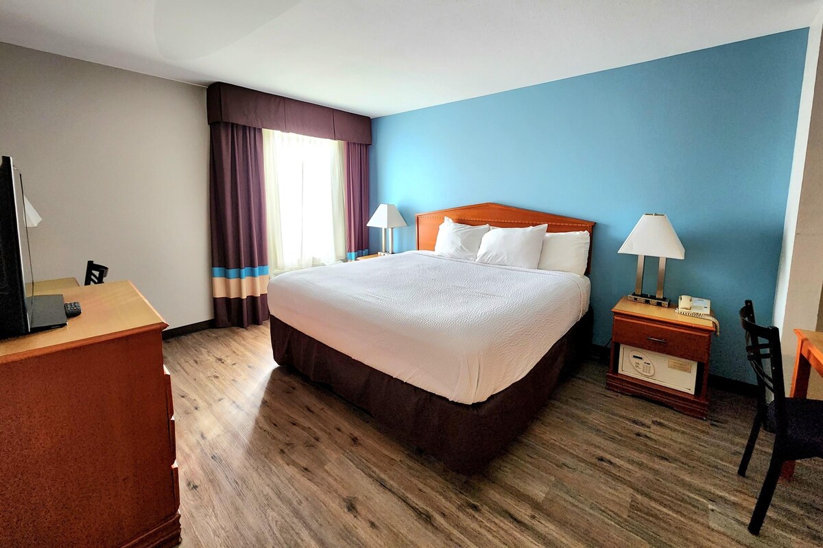 Habitació d'hotel amb un llit gran, sòl de fusta, un escriptori amb un ordinador, dues làmpades de nit i una cadira.