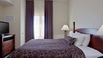 Hypo-allergenic bedding, pillowtop beds, desk, laptop workspace