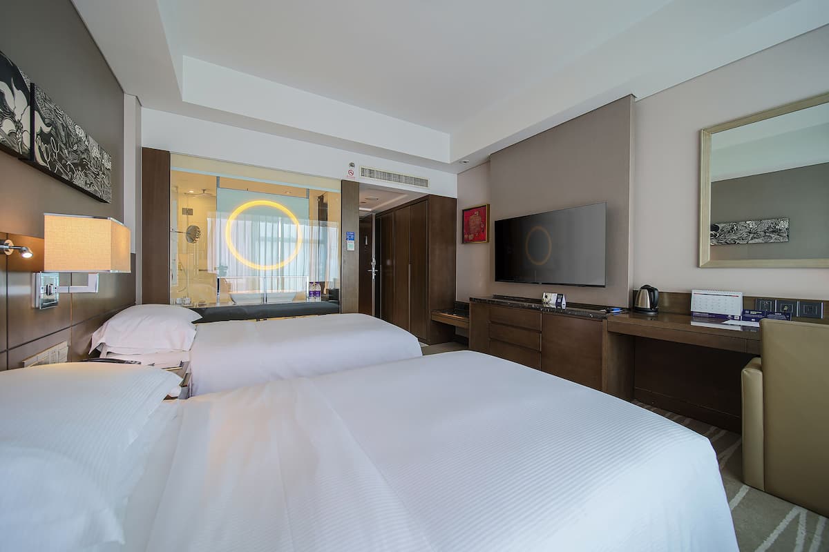 A hotel room with two beds, a desk with a computer, a television, and a large mirror.