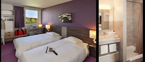 Standaard kamer, 2 eenpersoonsbedden, niet-roken | Een bureau, verduisterende gordijnen, een strijkplank/strijkijzer