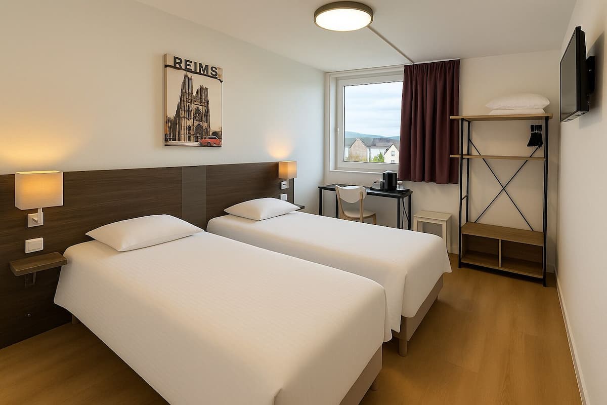 A hotel room with two beds, a desk, a chair, a TV, a shelf, and a window with a view of buildings.