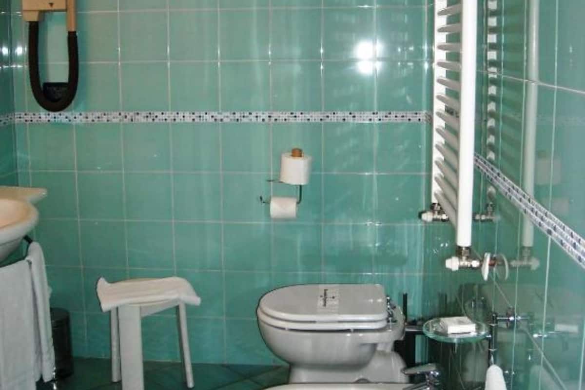 Shower, rainfall showerhead, free toiletries, hair dryer