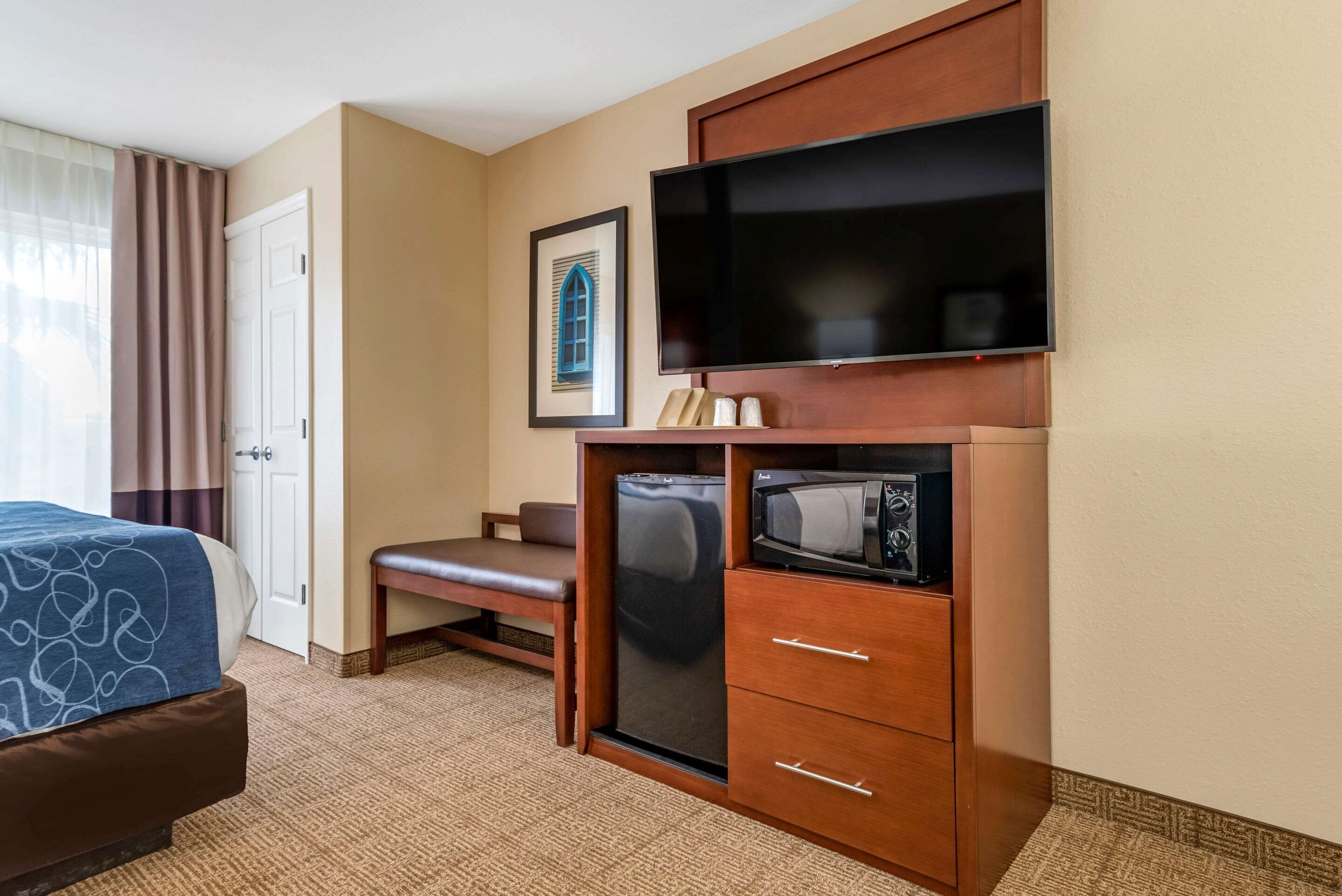 A hotel room with a bed, a desk with a microwave, a flat-screen TV, and a framed picture on the wall.