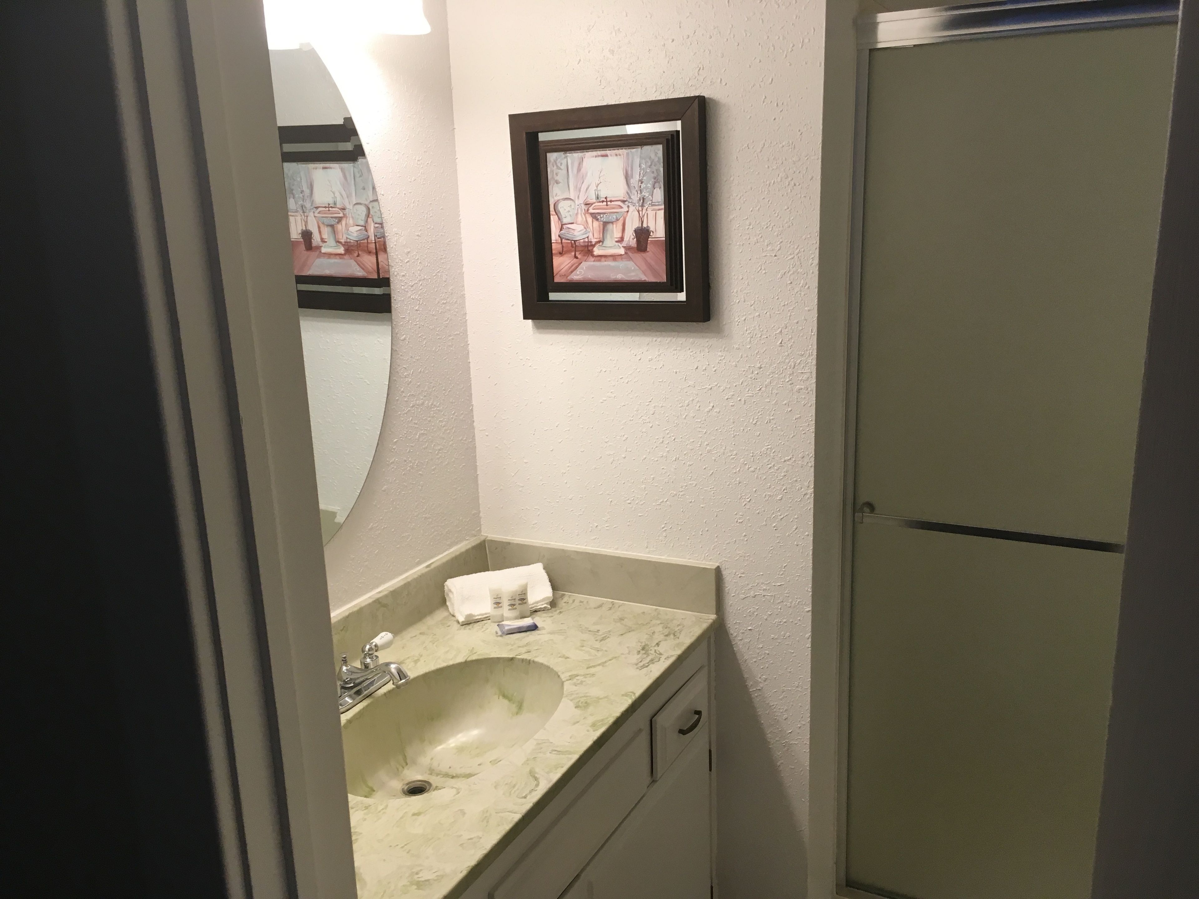 A bathroom with a sink, mirror, and framed picture on the wall.