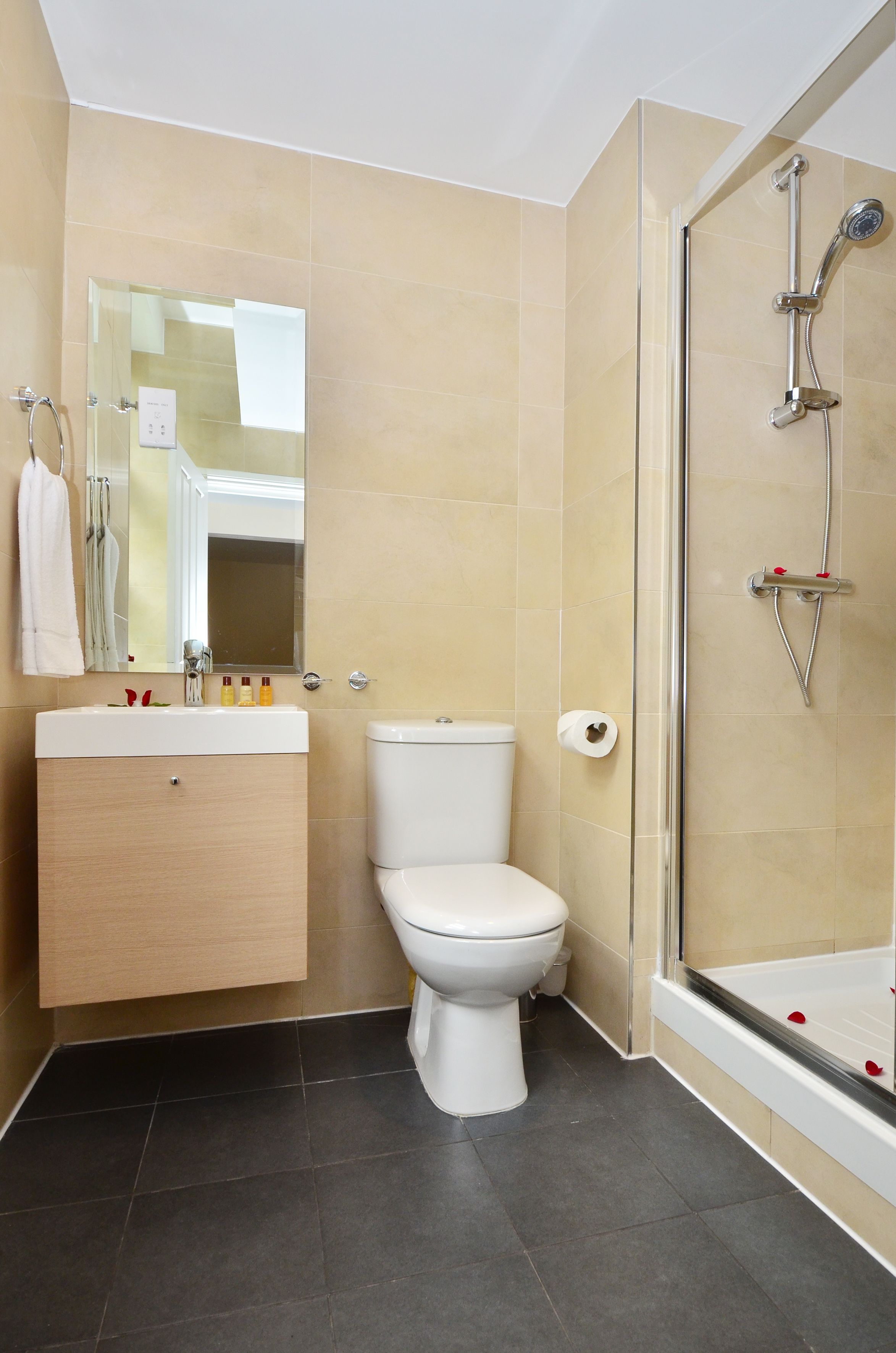 A bathroom with a toilet, sink, mirror, and shower.