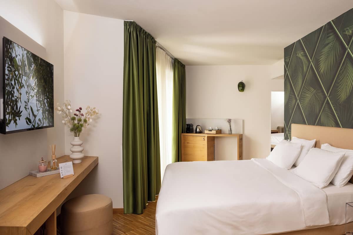 A hotel room with a bed, a desk, a wardrobe, and a green curtain.