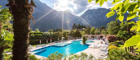 Indoor pool, outdoor pool, pool loungers