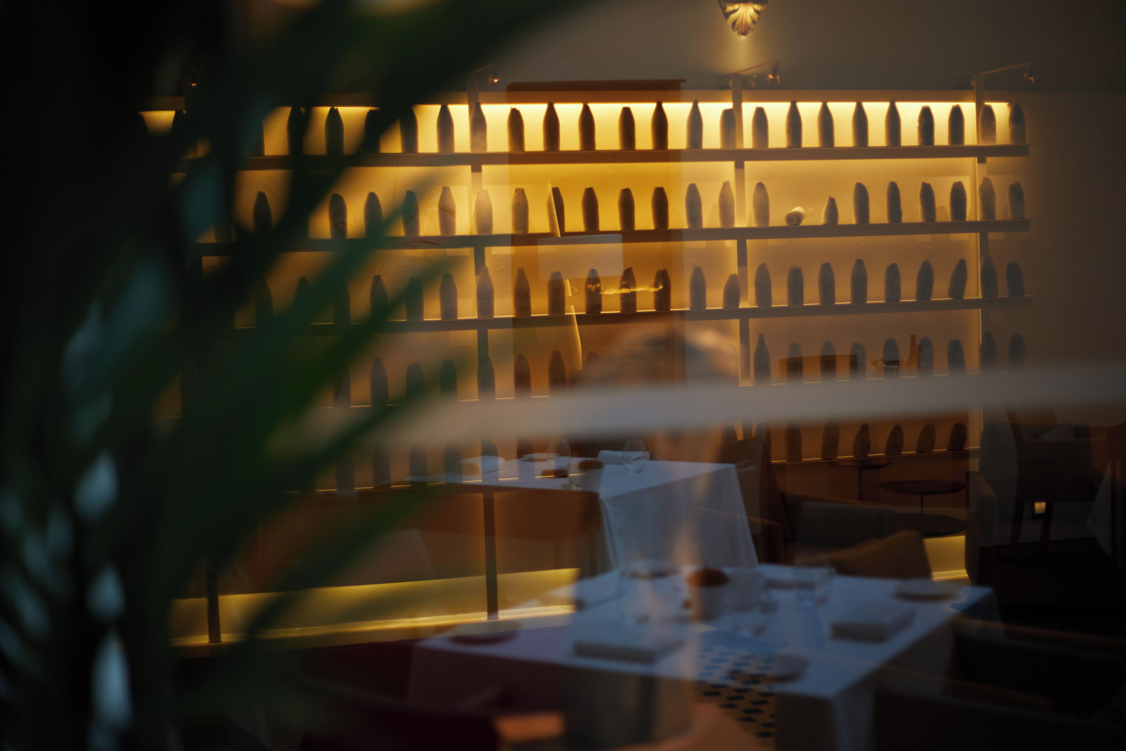 A restaurant with a long counter and a wall of bottles behind it.