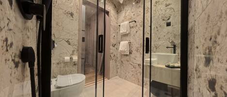 A modern bathroom with a glass-enclosed shower, a toilet, and a sink with a mirror.