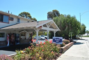 A building with a sign for Budget Inn, a Coca-Cola vending machine, and a small garden with flowers. - Budget Inn (San Luis Obispo)