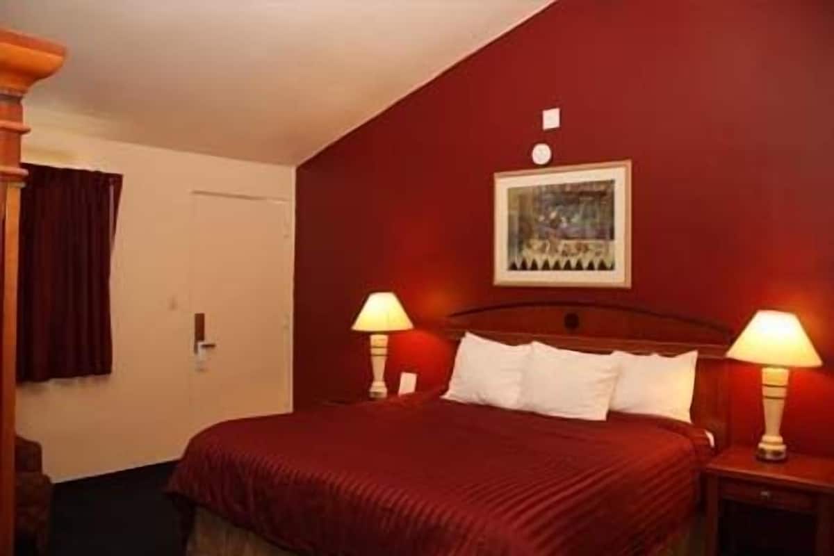 A hotel room with a large bed, two bedside lamps, a framed picture on the wall, and a door with a curtain.
