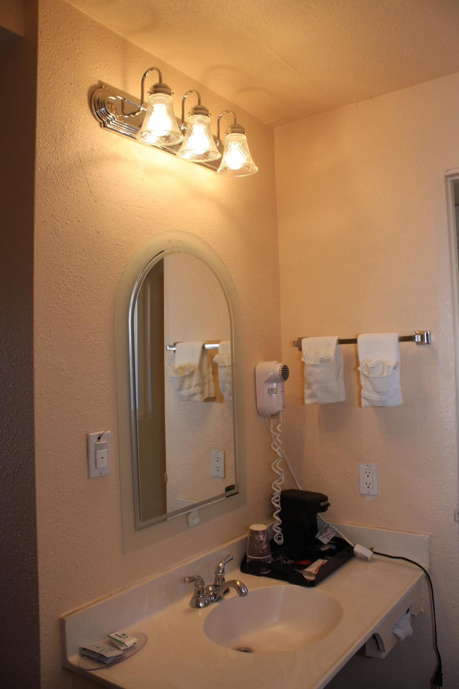 A bathroom with a sink, mirror, towel rack, and a hairdryer.