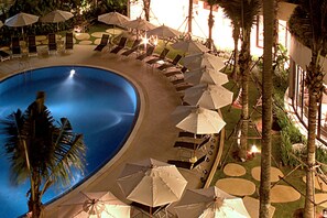 Outdoor pool, pool umbrellas, pool loungers