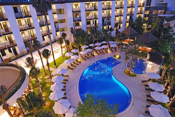 Outdoor pool, pool umbrellas, pool loungers