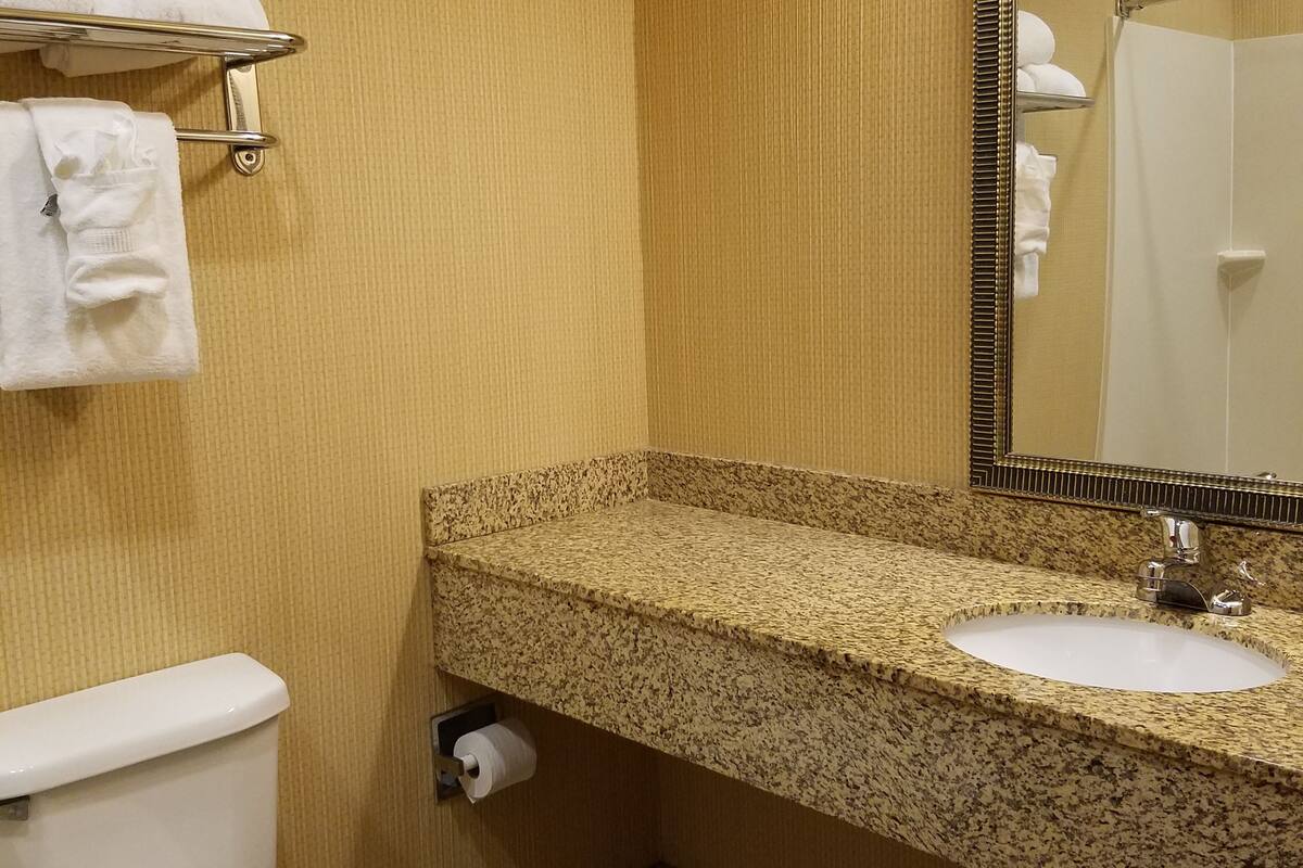 combined shower/bathtub, hair dryer, towels