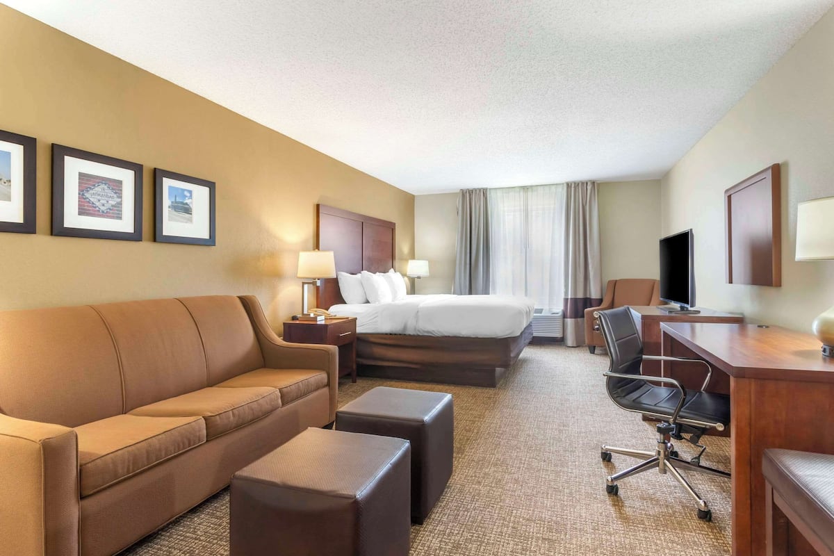 A hotel room with a bed, a sofa, a desk, a chair, and a television.
