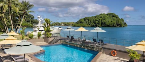Outdoor pool, pool umbrellas, pool loungers