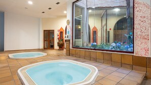 Een hotel lobby met twee whirlpools, een groot raam met uitzicht op een tuin, en een brandblusser aan de muur.