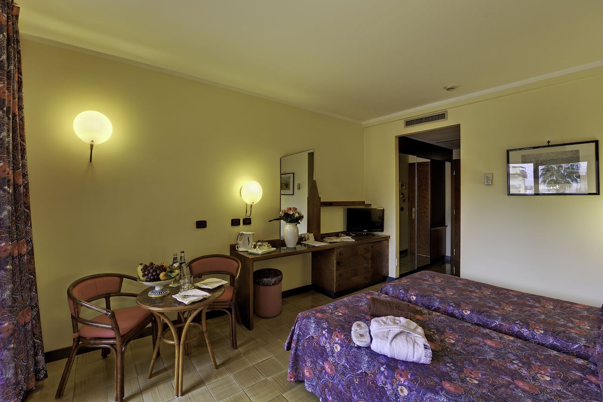 Une chambre d’hôtel comprenant un lit, un bureau avec une chaise, une petite table avec un panier de fruits, une poubelle et un téléviseur.